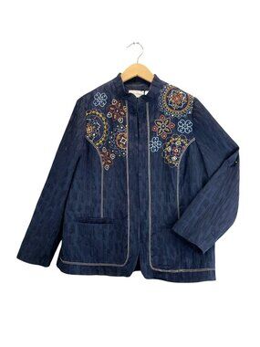 Alfred Dunner Blazer NavyBlue 14 Crinkle Floral Embroidered Western-Boho Sequins